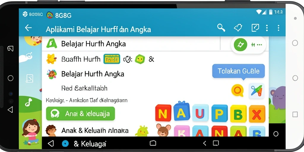 Antarmuka aplikasi 8G8G untuk belajar huruf dan angka yang menarik.